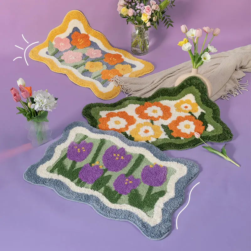 Newest Flower Tulip Carpets for Living Room Flower Printed Parlor Bedroom Chair Rugs Toilet Bath Decorate Non-slip Door Bath Mat