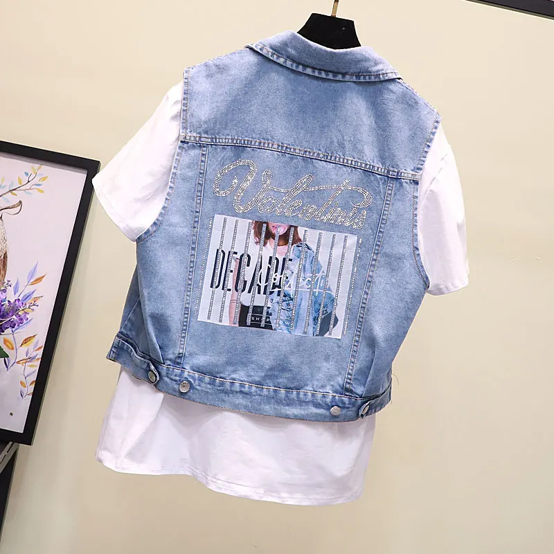 

QING MO Blue Women Denim Vest 2021 Women Character Vest With Rhinestone Female Spring Summer Sleeveless Vest ZQY3533