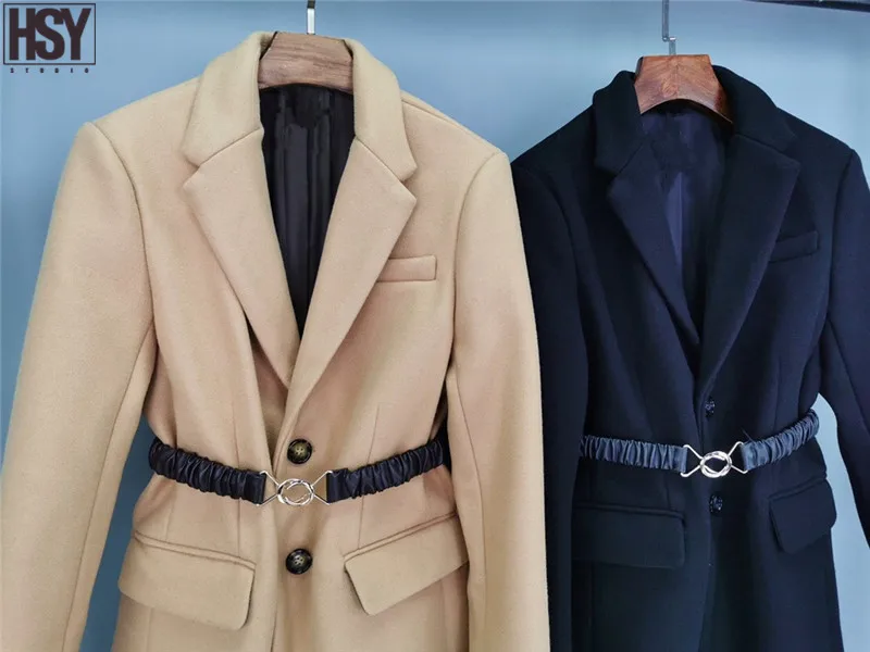 【Hsy】 2019 Осень Зима Новая Женская шерстяная ветровка с металлической пряжкой на