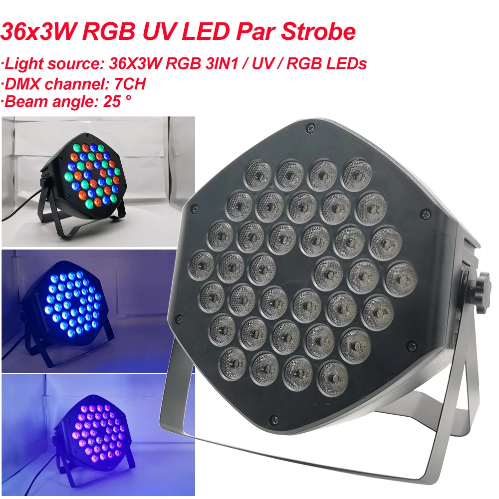 LED Strobe 36x3W DJ RGB UV Par Lights 3IN1 Wash Disco Light DMX Controller Effect For Small Paty KTV Stage Night | Освещение