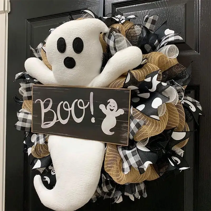 

Halloween Ghost Wreath Cute Boo Ghost Flower Ring Day Door And Window Scene Decoration Props Festival Holiday Door Knocker