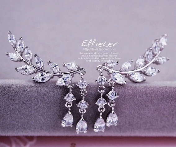 Женские серьги гвоздики с цирконием 2 цвета ювелирное украшение в виде листьев и