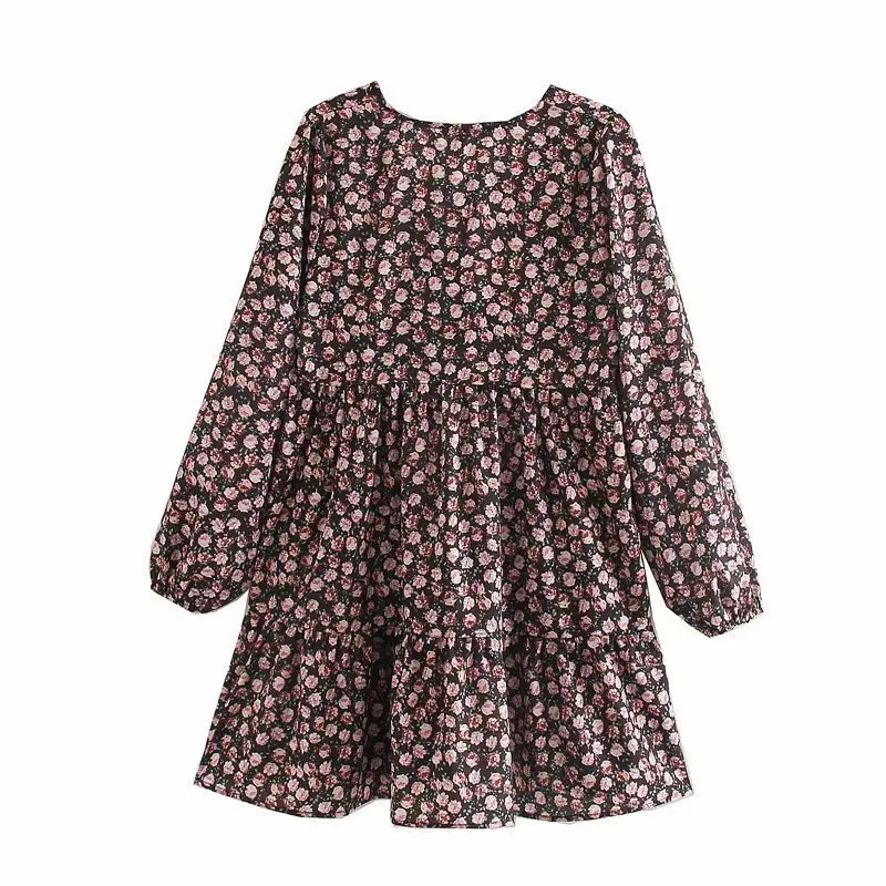

Vintage Women Long Sleeve Wrap Boho Floral Mini Dress Ladies Spring Summer Sundress Holiday V Neck Print Dresses Female