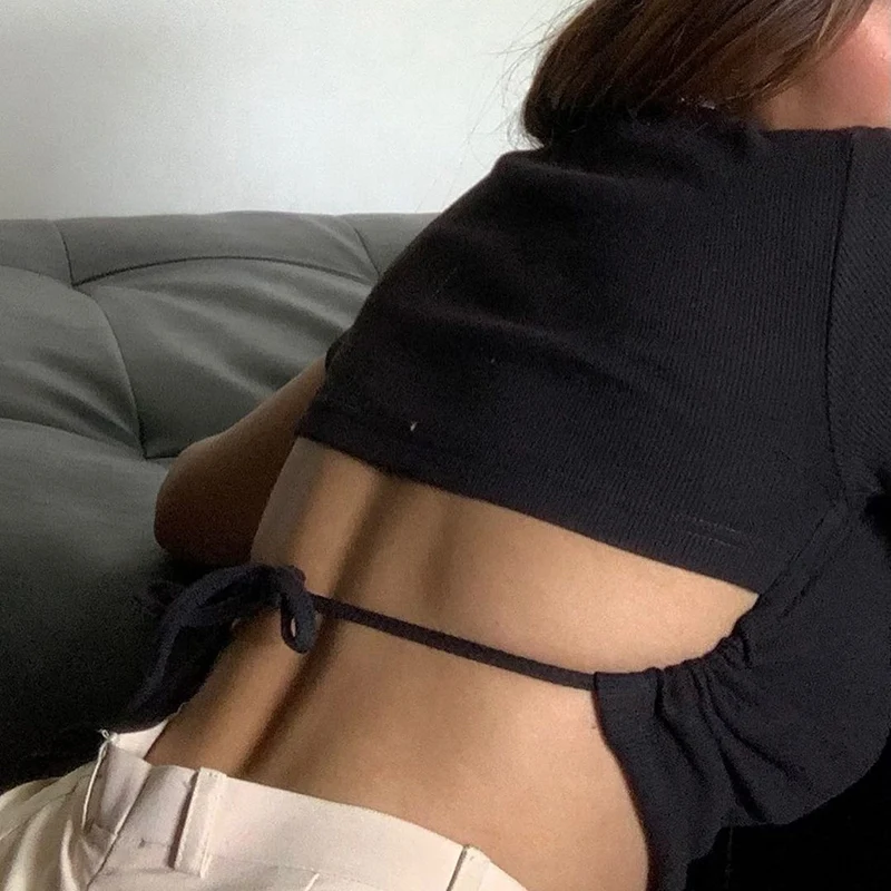 

Sexy Backless Bandage Hollow Out Cropped Top Tee Women Summer Casual Basic Solid Black Cotton T-shirt Streetwear Tops Iamhotty