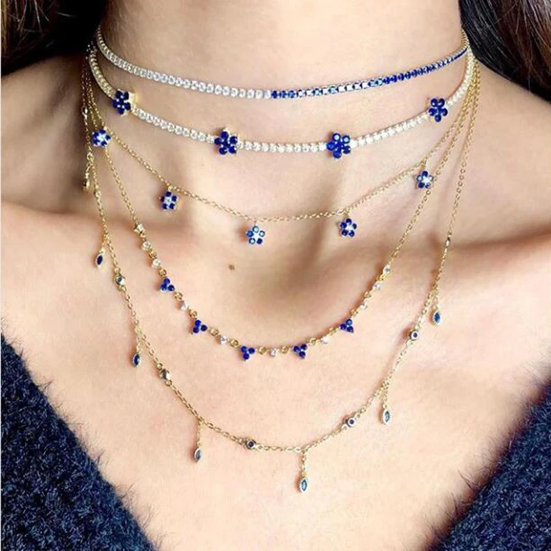 Изысканный тонкий cz теннис колье чокер Голубой цирконий цветок Подвески Мода