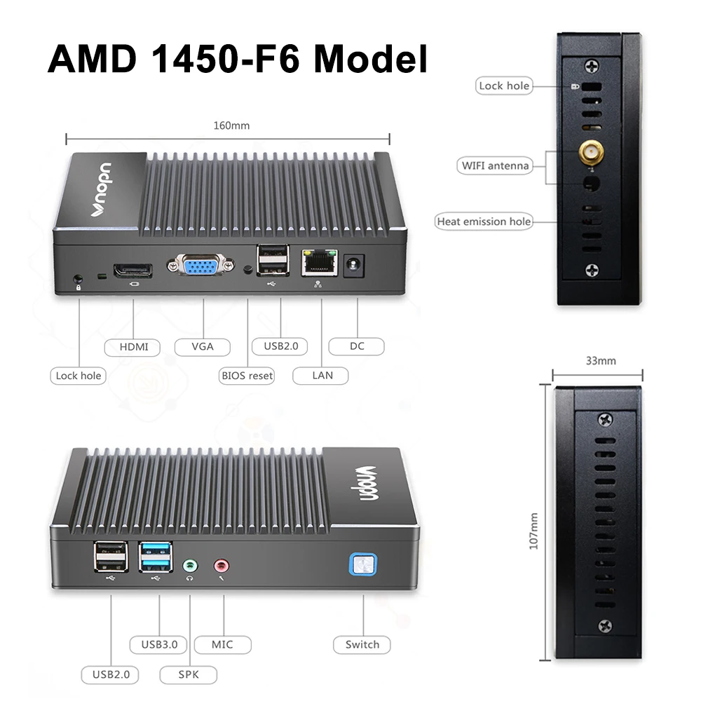 Без вентилятора AMD A6 1450 Quad-core мини-ПК с системой Windows Win10 Linux игровой компьютер WI-FI HDMI HTPC DDR3L 8G Оперативная память 256G SSD Desktop Minipc
