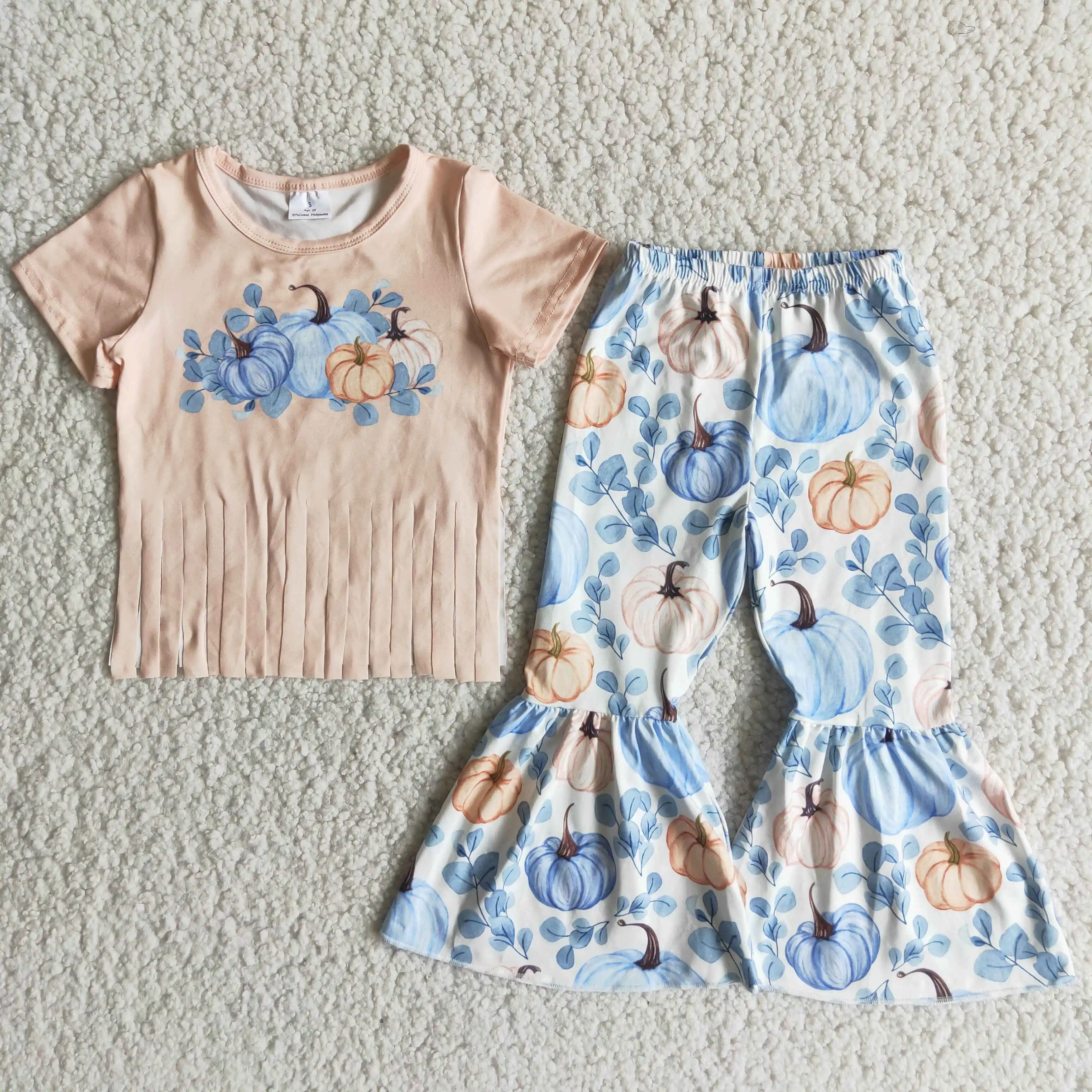 

2021 pumpkin print shirt match bell bottom pants wholesale children clothes kids girl fall clothing