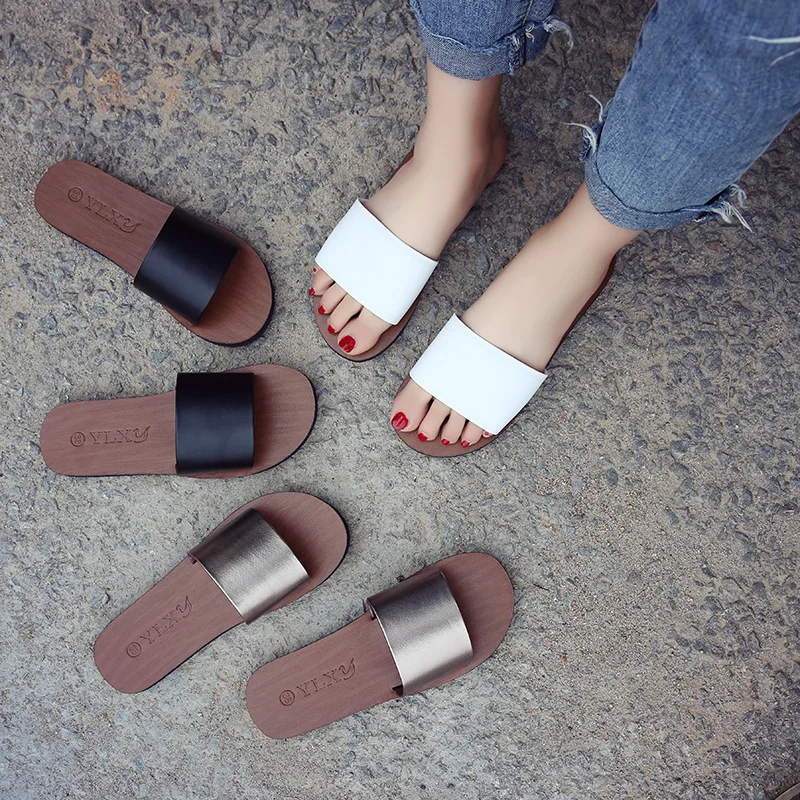 

Fashion Leisure Concise Flat Slides For Women Flat Solid Slippers Summer Anti-slip Open Toe Shoes