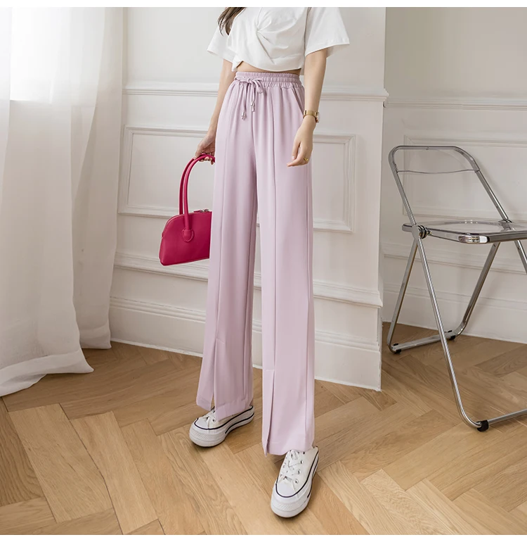 

Summer Thin Loose Ice Silk Chiffon Split Pants Straight Wide Leg Pants Women Elastic Waist Slacks Pants Ankle-Length Trousers