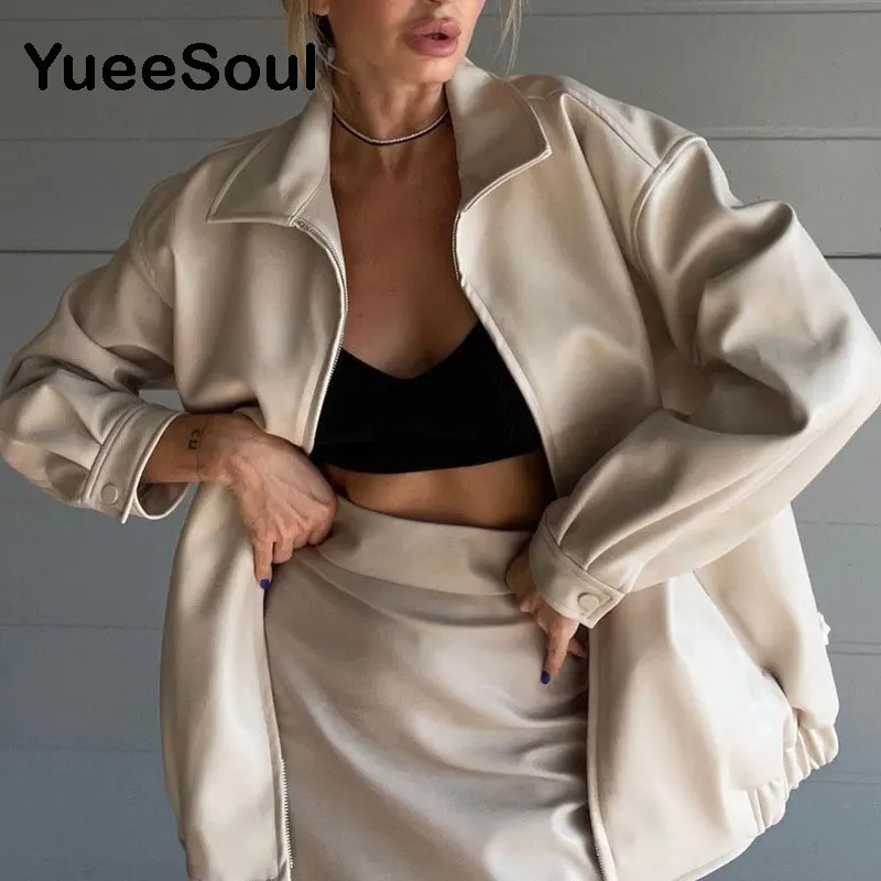 

PU Leather Women Jacket 2021 NEW Autumn Winter Solid Color Turn-down Collar Zipper Long Sleeve Loose Casual Female Jackets