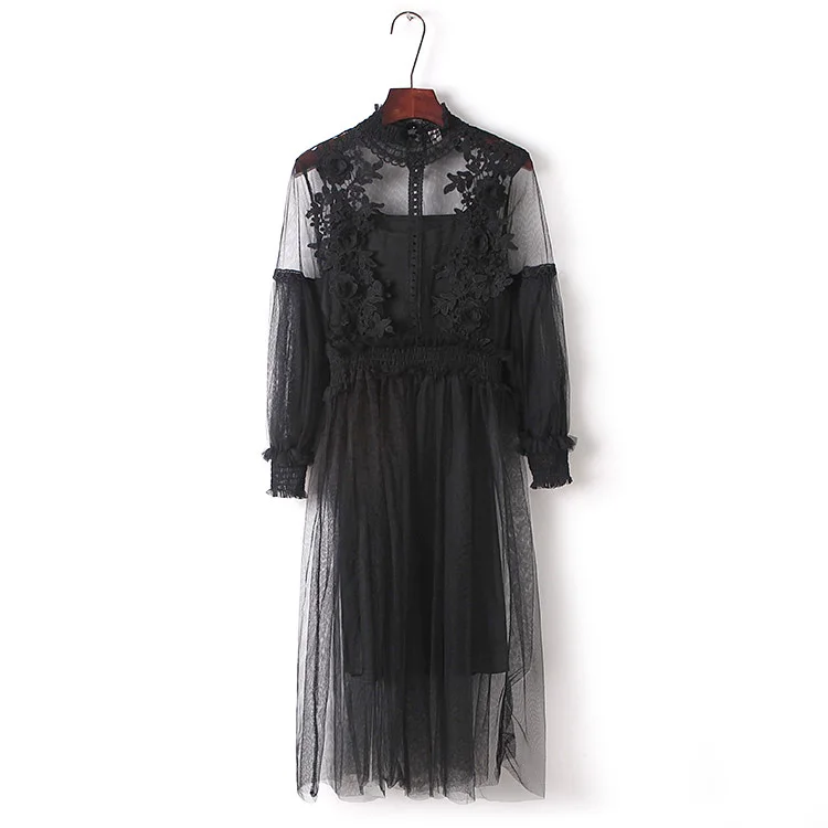 Женское кружевное платье SMTHMA лоскутное с рукавами фонариками и высокой талией