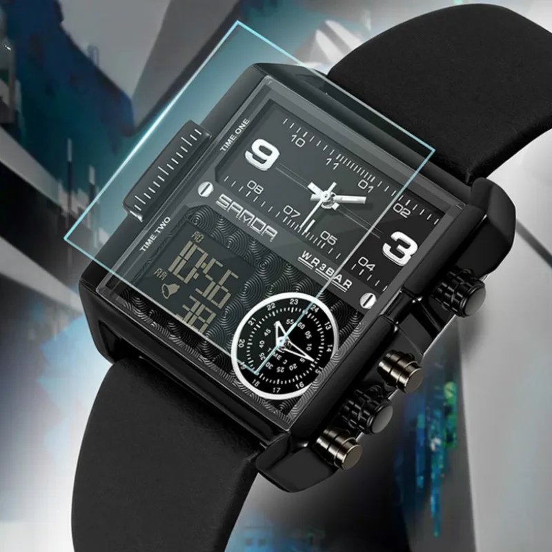 Мужские часы 2021 креативные светодиодные с 3 дисплеями времени спортивные