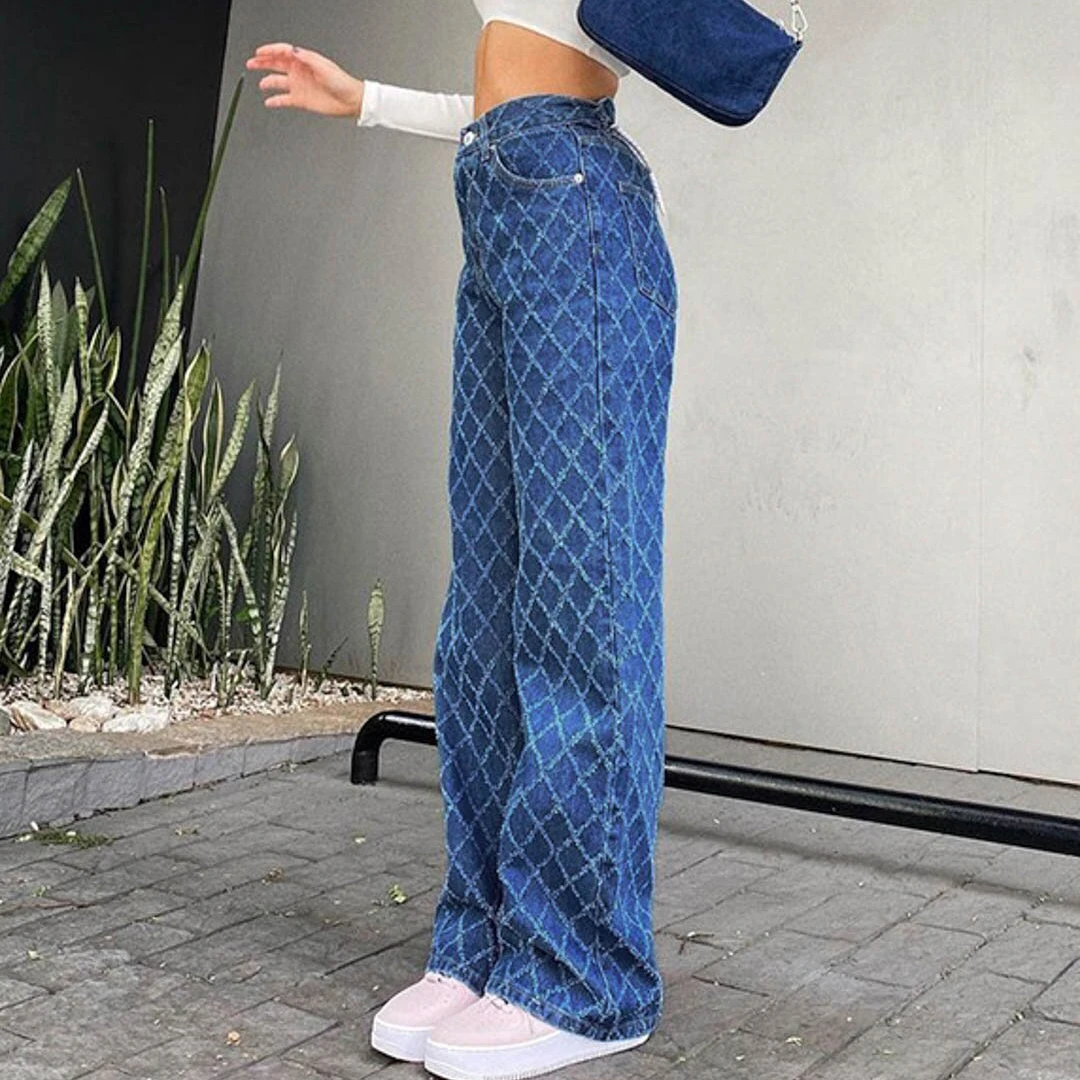 

Fashion Women's Jeans Y2K Spliced Patchwork Print Denim Streetwear Blue High Waist Baggy Jean Retro Mom Boyfriend Cargo Trousers