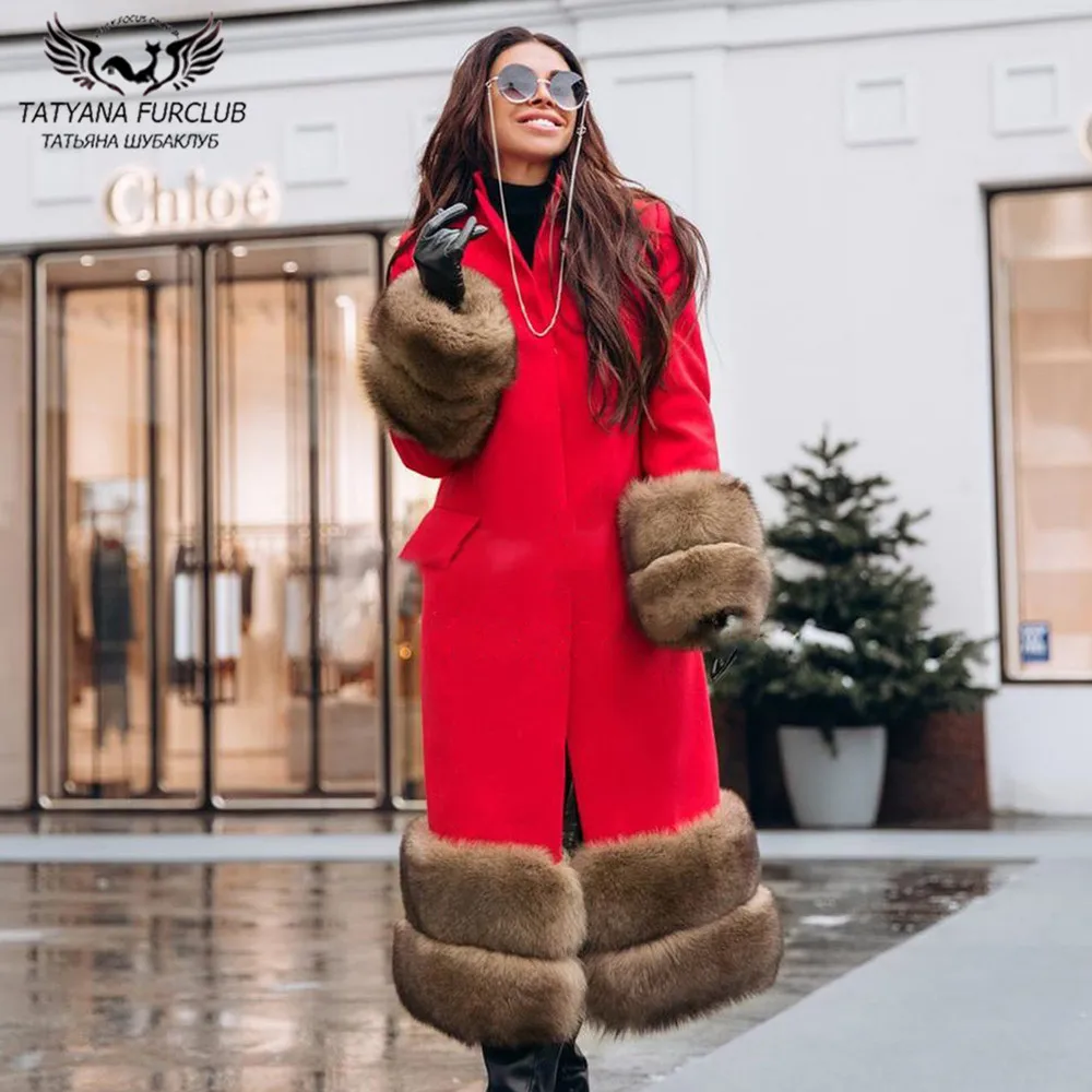 120cm Long Natural Fur Coats For Women Winter Outwear 2022 Trendy Cashmere Coat With Fox Fur Sleeve Cuffs And Bottoms Overcoats