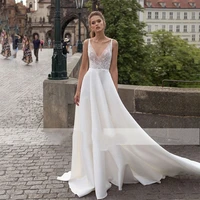 sexy wedding gowns deep v neck 2021 sleeveless backless satin illusion lace applique vestidos de noiva custom made bridal dress