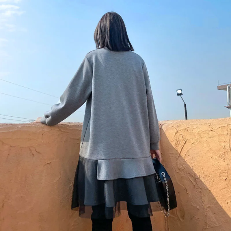 

SeeBeautiful Mesh Ruffles Stitching Large Size Dress O Neck Long Sleeve Simple New Fashion 2021 Spring Women E065