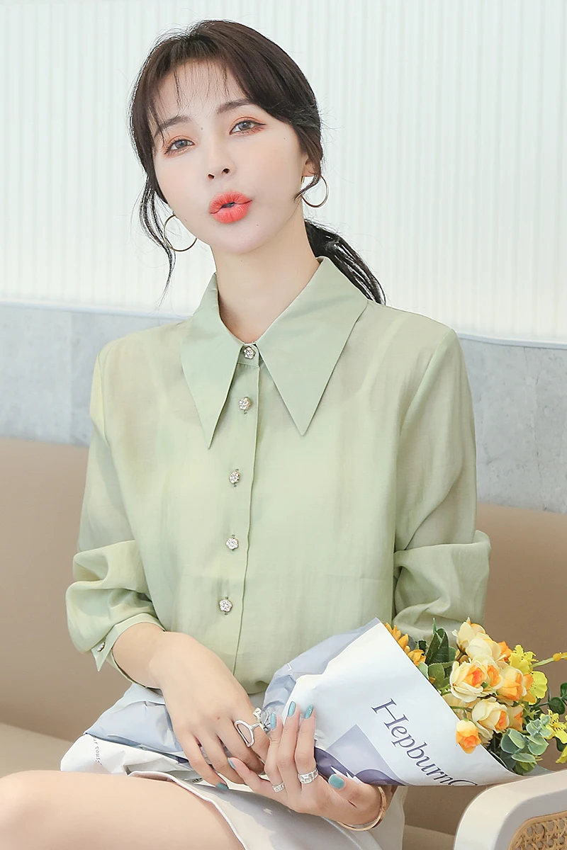 

Houthion Satin Slim Women's Blouses New Casual Blouse Top Solid Buttons Shirt Spring/autumn Fashion Long Sleeve