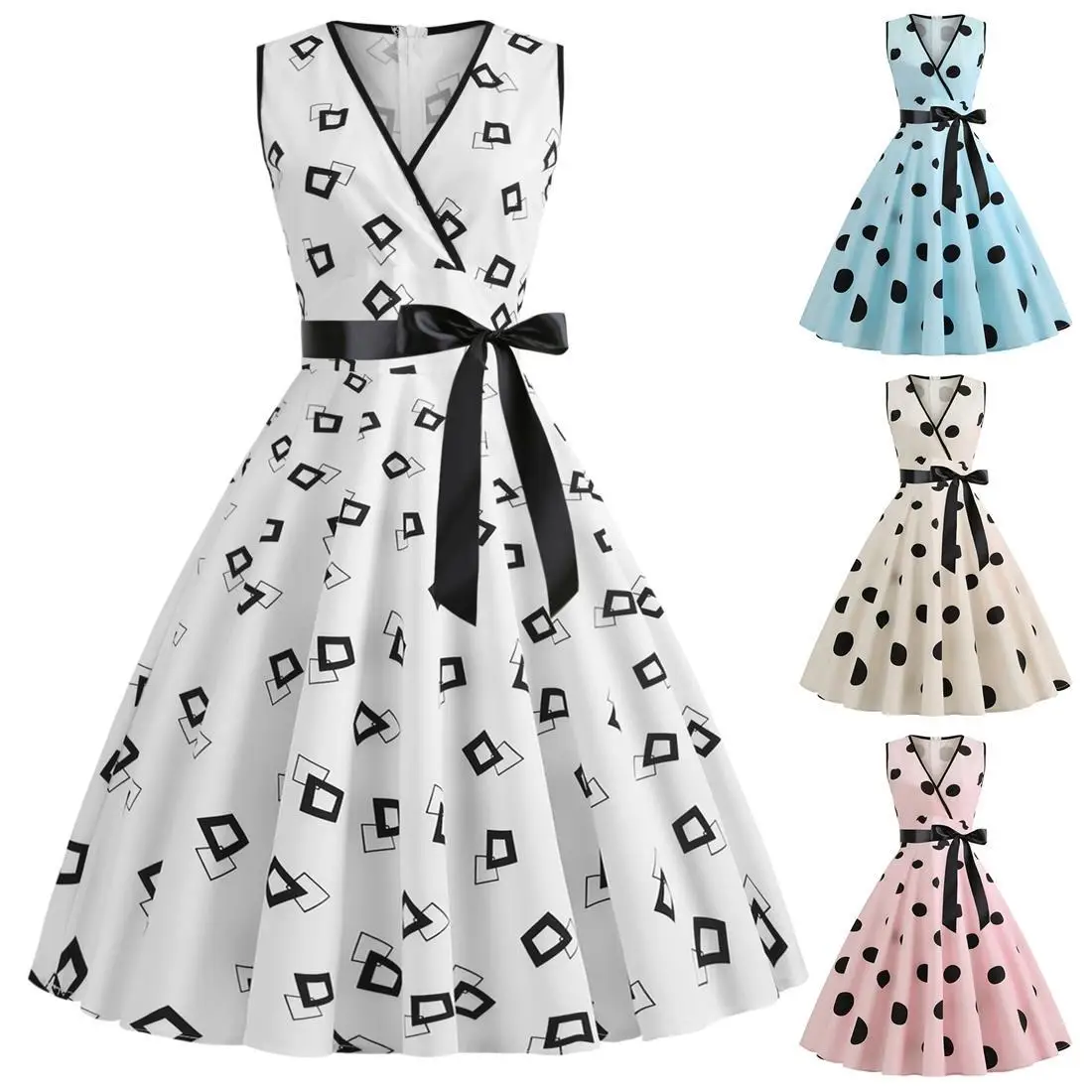 Женское платье в горошек белое стиле ретро с V-образным вырезом без рукавов Одри