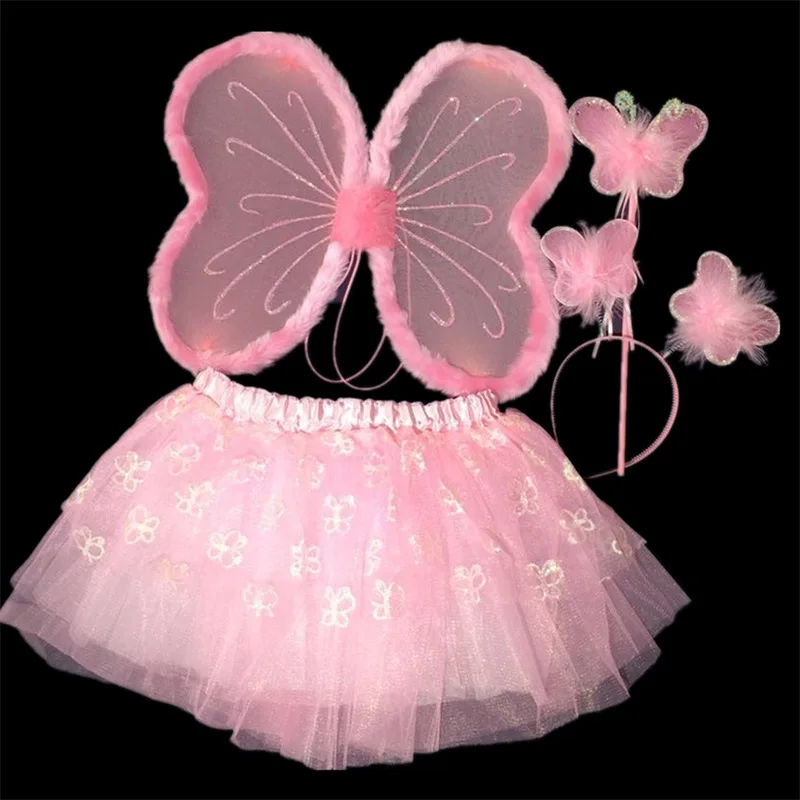 

Girl Fairy Wing Skirt Magic Rod Wands Headband Princess Butterfly Costume Wings for Kids Dress Up Birthday Party Easter