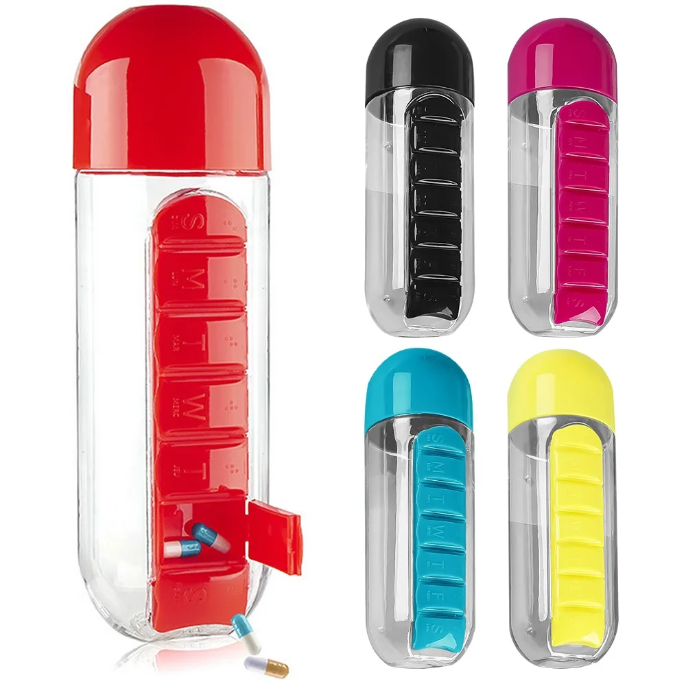 

600ml Pillbox Water Bottle Pillbox Plastic Drink Bottle with Medicine Pills Box Travel 7 Days Drug Organizer Drinking Container