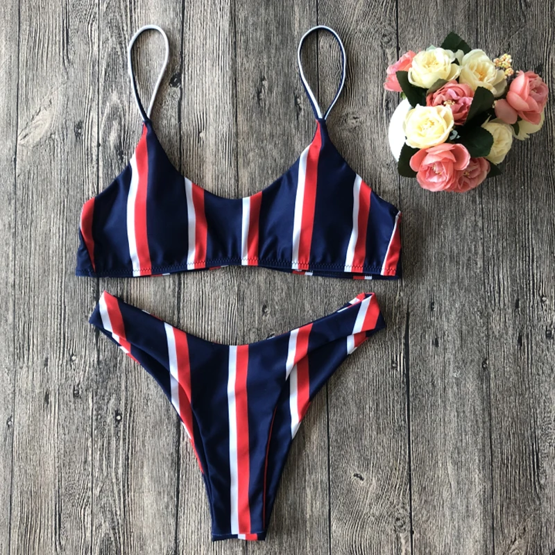 Striped Thong Bikini Push Up Padded Tube Top Sexy Swim Wear Woman Swimsuit Set High Waist Beachwear | Женская одежда