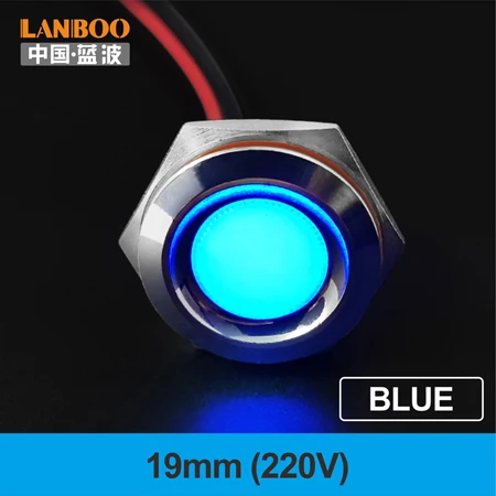 19mm-Blue(220V) LANBOO 16 мм, 19 мм, 22 мм, красный, зеленый, желтый, синий, 12 В, 24 В, 110 В, 250 В, светодиодный металлический индикатор, лампа, индикатор, светильник, одна лампа, водонепроницаемая - Цвет: 19mm-Blue(220V)