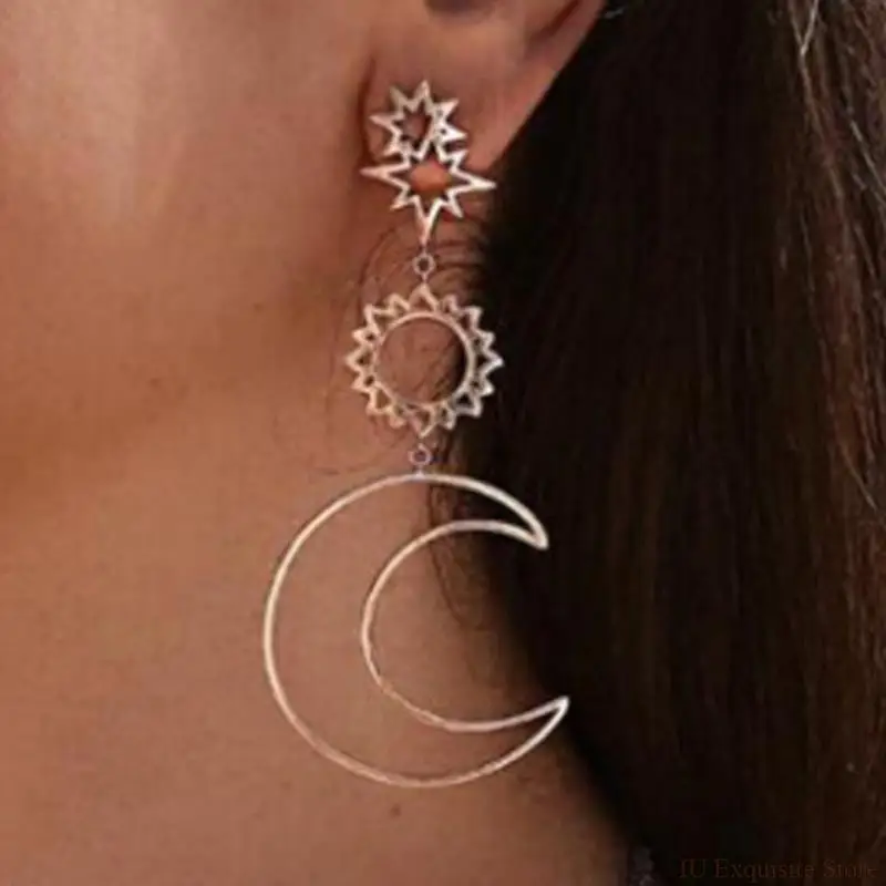 

1 Pair Stars Moon Sun Earrings Geometric Metal Hollow Earrings Gift For Lady High Quality New