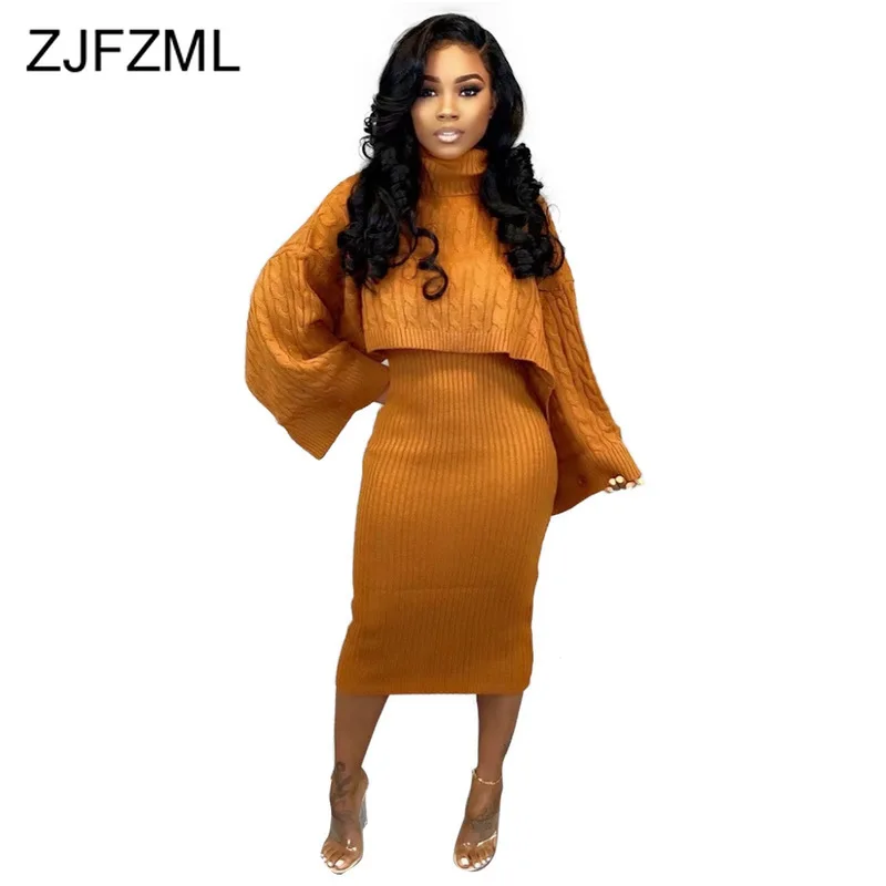 Autumn Winter Knitted Sweater Two Piece Set Turtleneck Long Sleeve Loose Crop Top+ Bandage Midi Tank Dress Plus Size Tracksuit