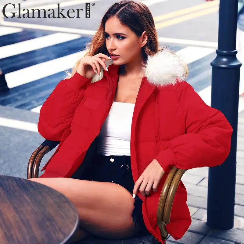 Красный Glamaker сексуальный зимний теплый пуховик с капюшоном женский меховой воротник карман свободный пуховик уличная мягкая стеганая куртка - Цвет: Красный