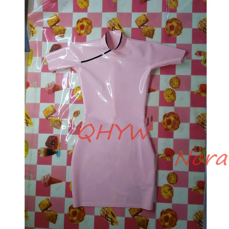 

Сексуальное женское платье ручной работы с коротким рукавом, розовое латексное платье, фетиш, фетиш, с молнией на спине