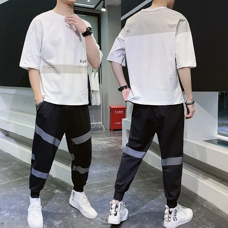 

Men's loose short sleeve T-shirt suit 21 summer new fashion Korean Short Sleeve trousers men's two piece suit