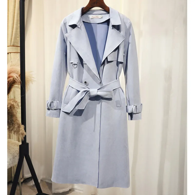 Light blue UHYTGF, весенне-осеннее пальто для женщин, роскошное, оленья кожа, замша, элегантное женское пальто, двубортное, тонкое, женское, повседневное пальто 40 - Цвет: Light blue