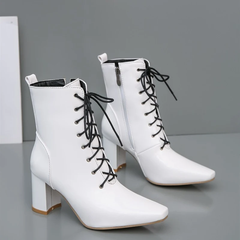 Plus Size 47 Autumn Winter Ankle Boots For Women Patent Leather Waterproof Short Fashion Lace-up Red White Motorcycle Boot | Обувь
