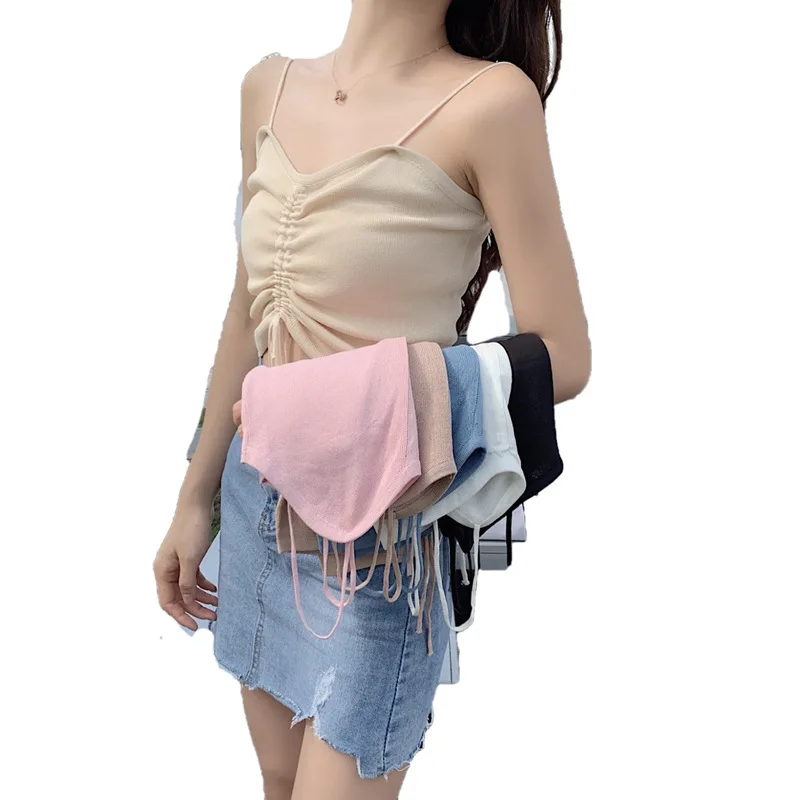 

Sexy suspender vest draw rope V-neck knitted vest female dew umbilical top outside wearing small sling women's women's summer