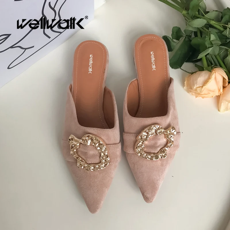 Wellwalk/туфли без задника с пряжкой и ремешком женские тапочки из флока замши на