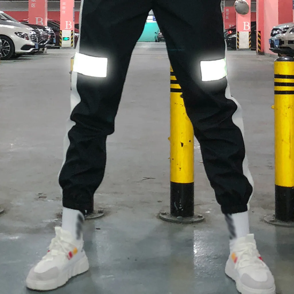 Бесплатная Страусиные брюки женские светоотражающие полосы сшитые ремень