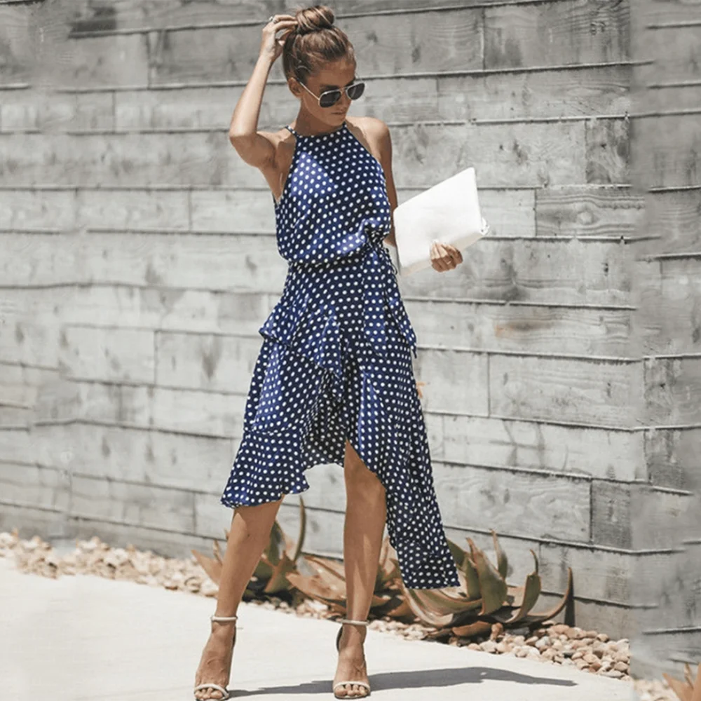 

Summer Women's Sexy Strapless Spaghetti Fashion Printed Polka Dot Loose Lace Ruffle Dress Woman Casual Beach Vacation Skirt 2021