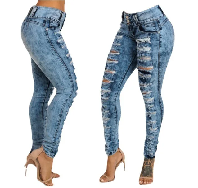 

Europe and The United States New Hole High Waist Small Foot Multi Buttonhole Jeans Women's Wear