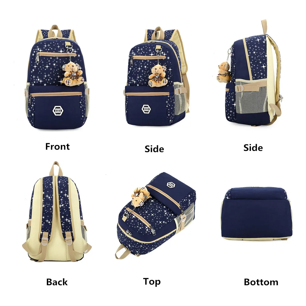 3pcs/set Women Backpack School Bags Star Printing Cute Backpacks With Bear For Teenagers Girls Travel Bag Rucksacks Mochila