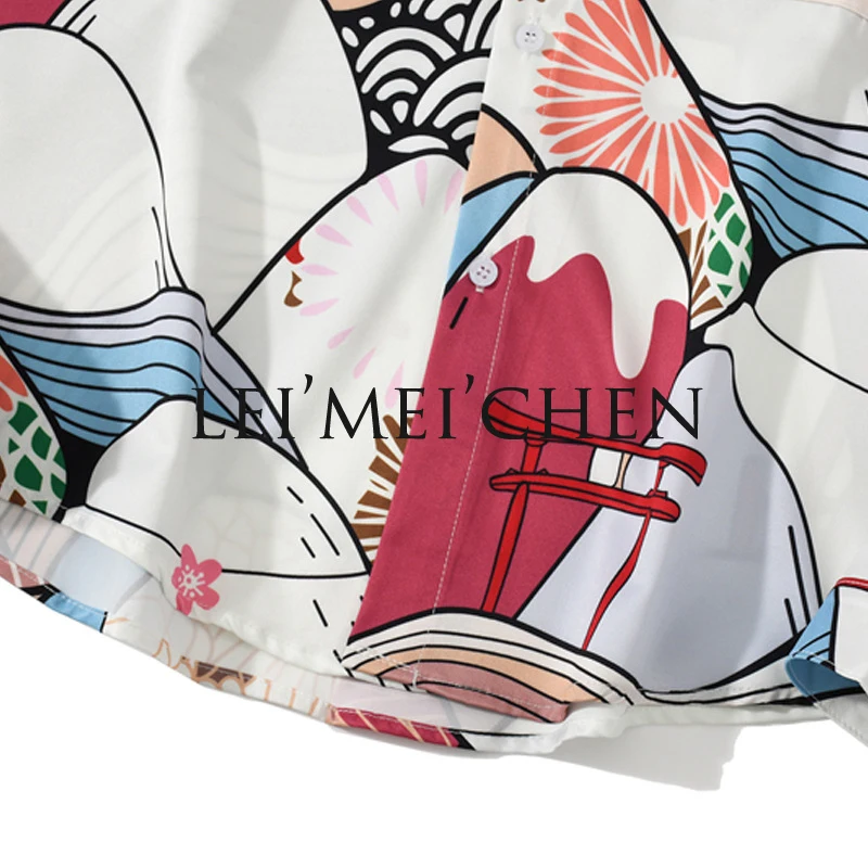 

LEIMEICHEN Fashion Cartoon Print Long Sleeve Shirt Men's Top Retro Hip-Hop Loose Floral Couple Shirt Coat WK1098