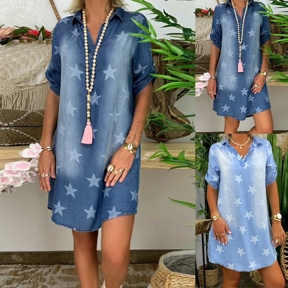 

Casual Dress Women Fashion Short Sleeve Stars Print Irregular Hem Knee-length Denim Dress Irregular Hem Stars Print Loose Style