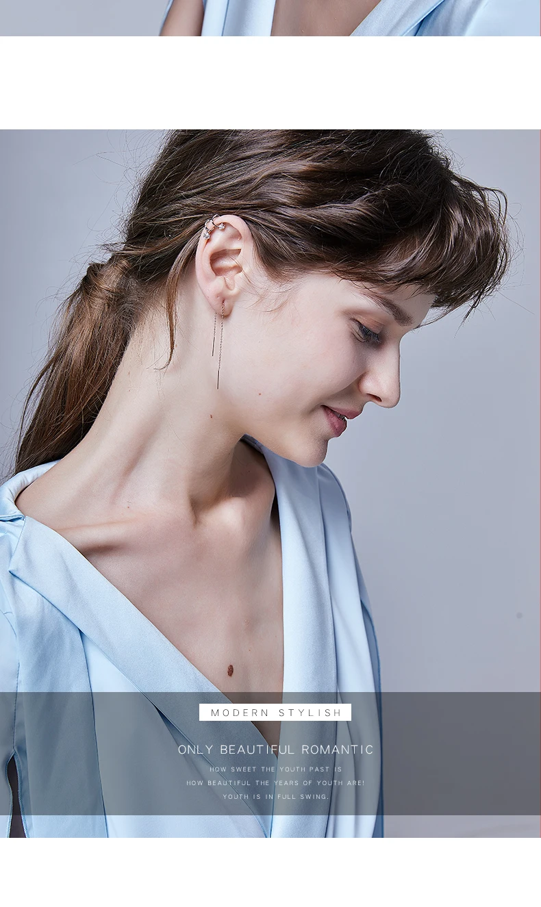 Authentic 18k Gold Chain Earring For Women Simple Style None Stone Rose Gold Color Ear Line Fashion Jewelry