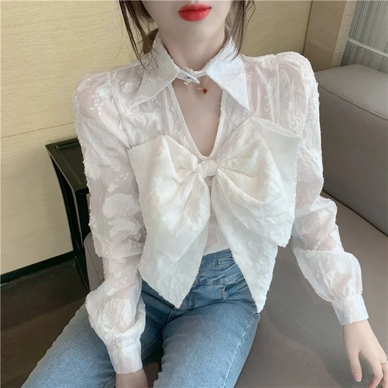 

ZAWAHIKI Bow Sexy Hollow Out Women Blouses Long Sleeve Solid 2021 Spring Summer Blusas Elegant Sweet Retro Button Shirts