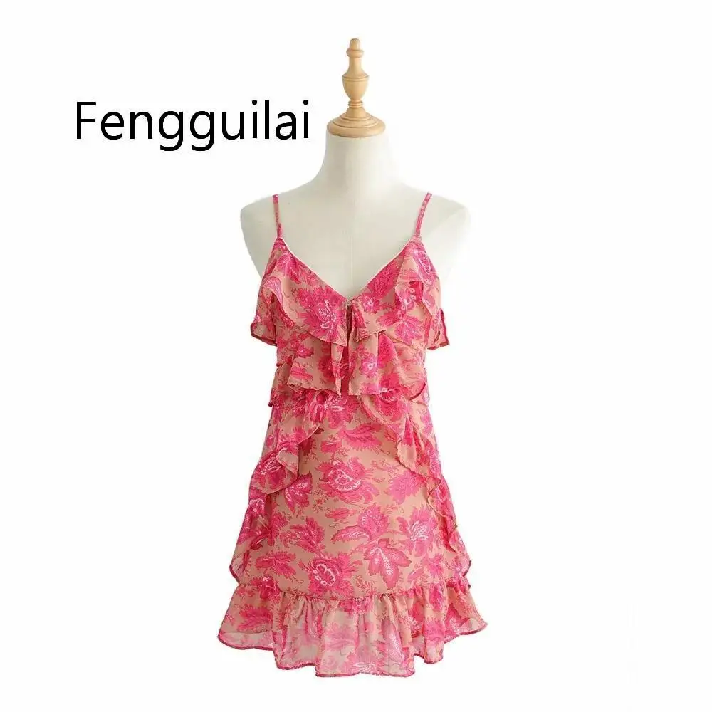 

FENGGUILAI Women Summer V-Neck Dress Casual Print Sexy & Club Dresses Vintage Print Mini Ruffles Flowers Dress White