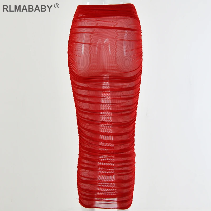 Летние rlmababy пляжные вечерние пикантные сетчатые юбки прозрачные длинные макси Прозрачные юбки Высокая Талия Ruched прозрачные Клубные юбки красного цвета