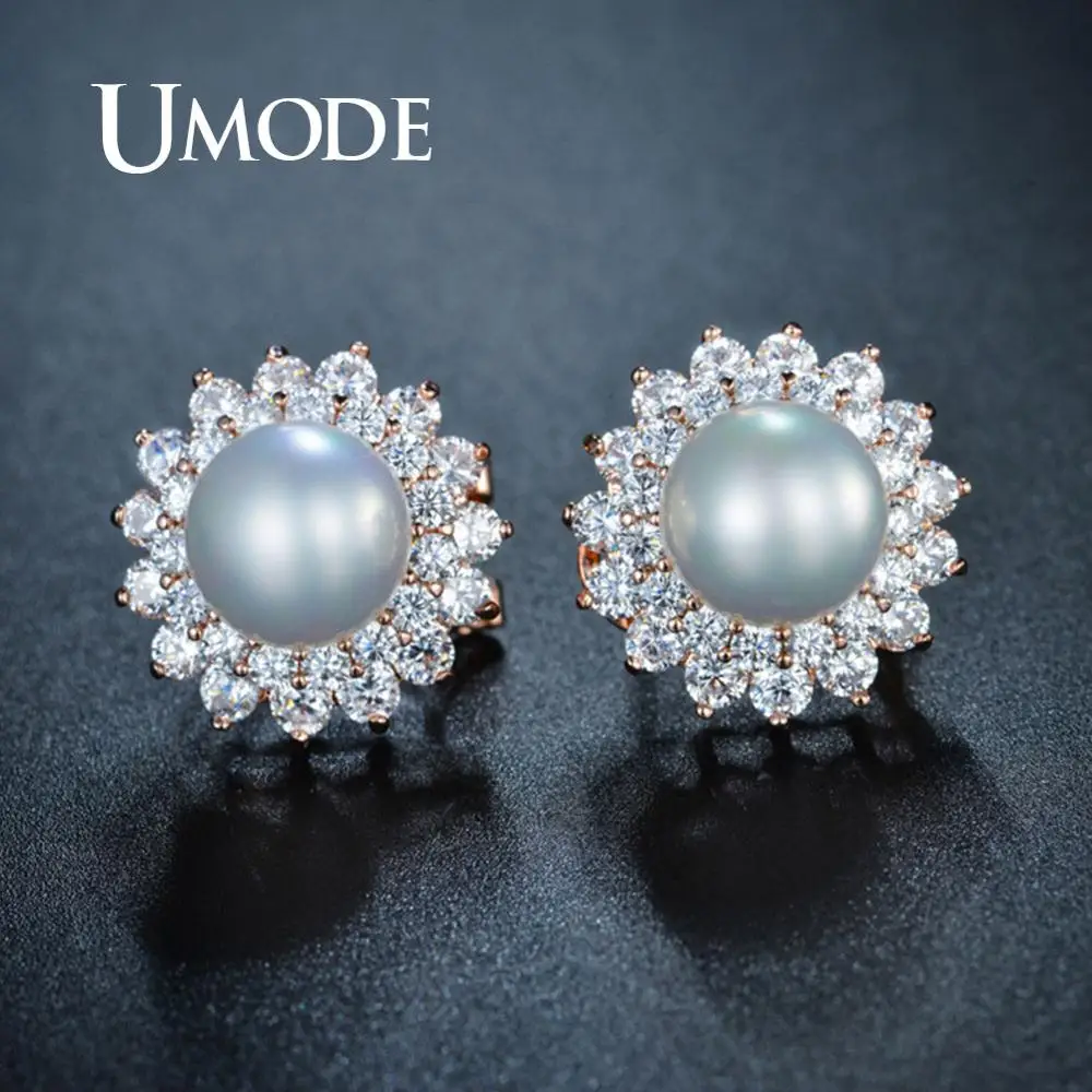 

UMODE Flower Studs Earrings for Women Freshwater Pearl Earrings Clear CZ Zircon Studs Wedding Luxury Jewelry Femme Gifts UE0161A