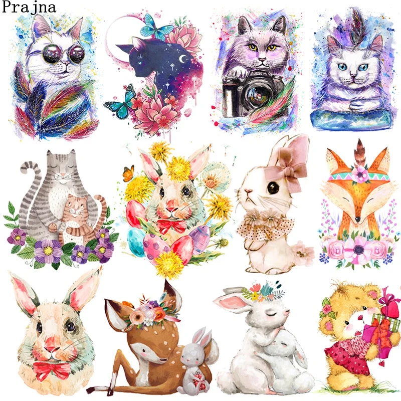 

Prajna Cartoon Animal Iron-On Transfers For Clothing Stickers Cat Rabbit Heat Thermal Transfer For Clothes DIY Applique Print