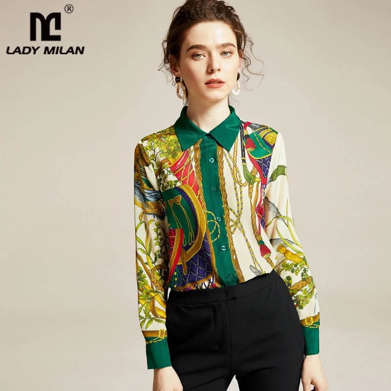 100% натуральный шелк Женская подиумная рубашка отложной воротник цветочный принт