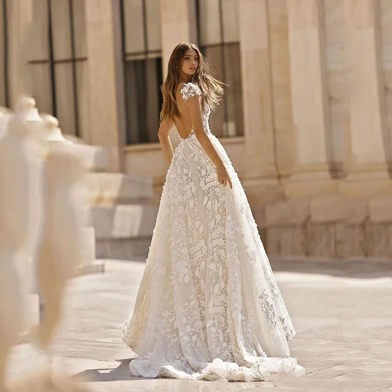 Beach Wedding Dress 3D Floral Applique Lace V Neck Sleeveless Backless Boho Gowns Plus Size Bridal | Свадьбы и торжества