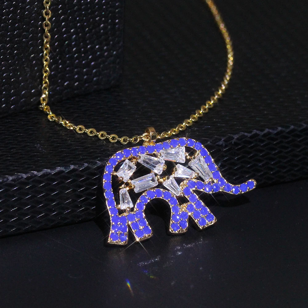 Женское ожерелье парное золотая цепочка с вставкой синий кубический цирконий в форме слона Сюрприз на День рождения для подруги.